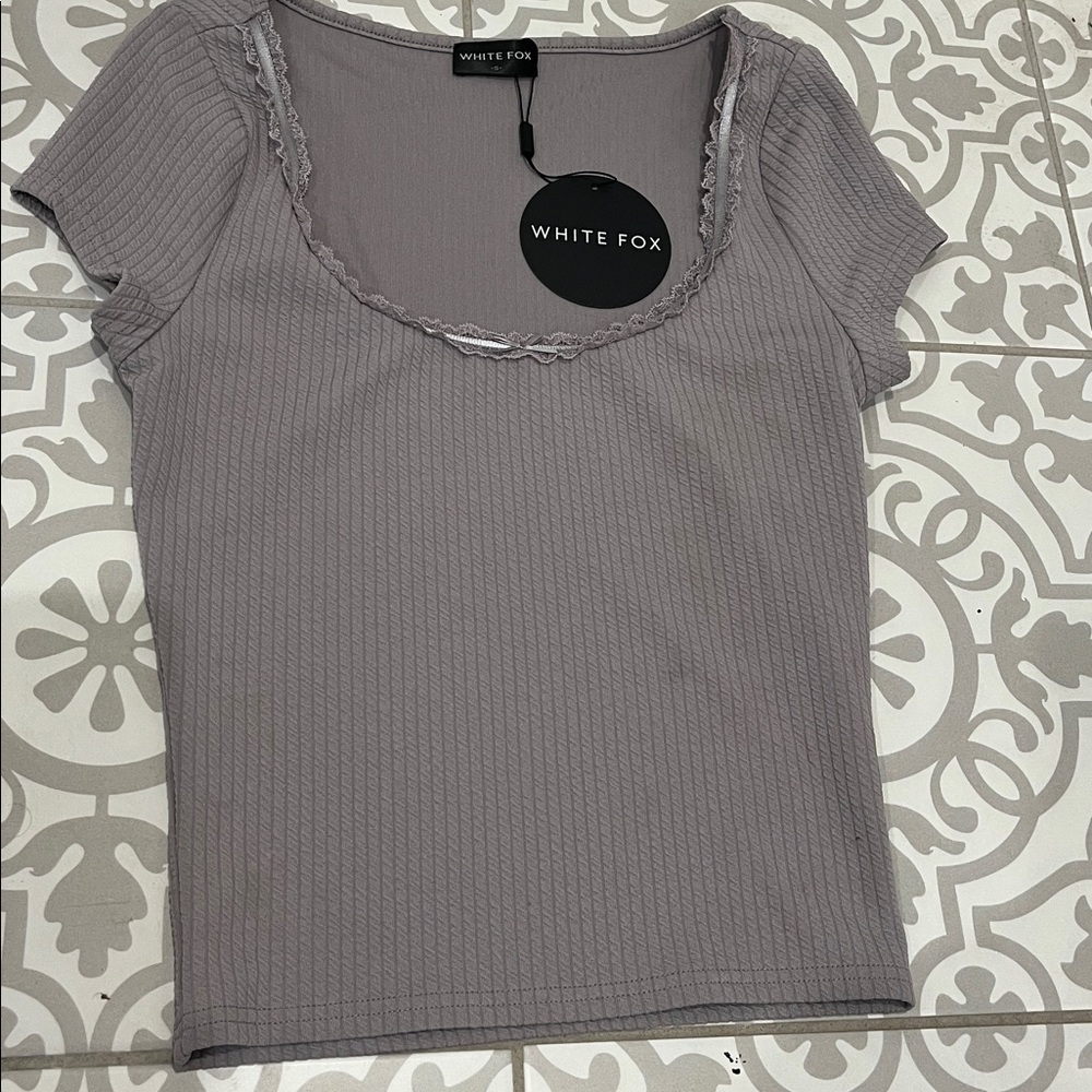 White Fox Boutique Ribbed Light Gray Blouse